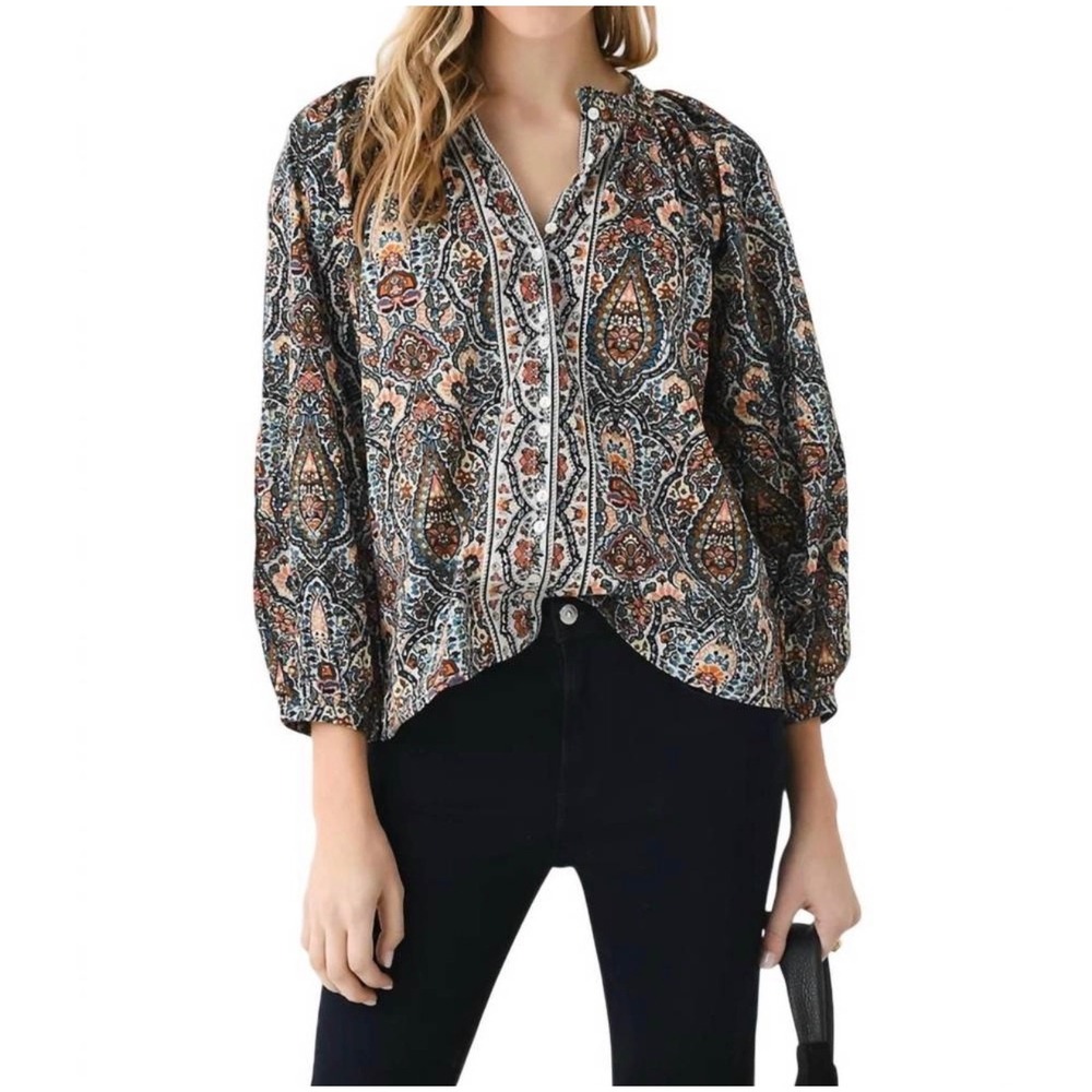 Cleobella Fabiola blouse paisley print blouson sleeves XS organic cotton boho